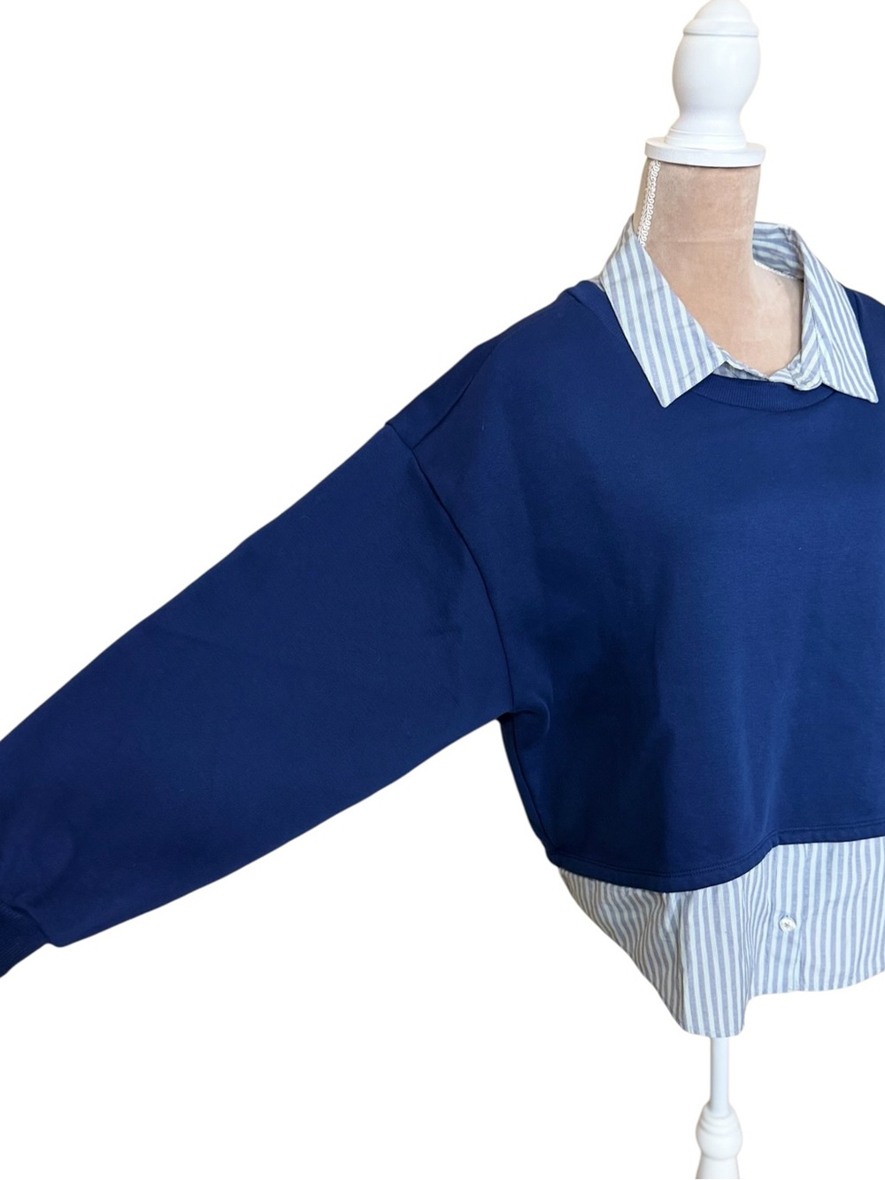 Maeve for Anthropologie Navy Layered Oversized Twofer Pullover Sweatshirt - Picture 7 of 14